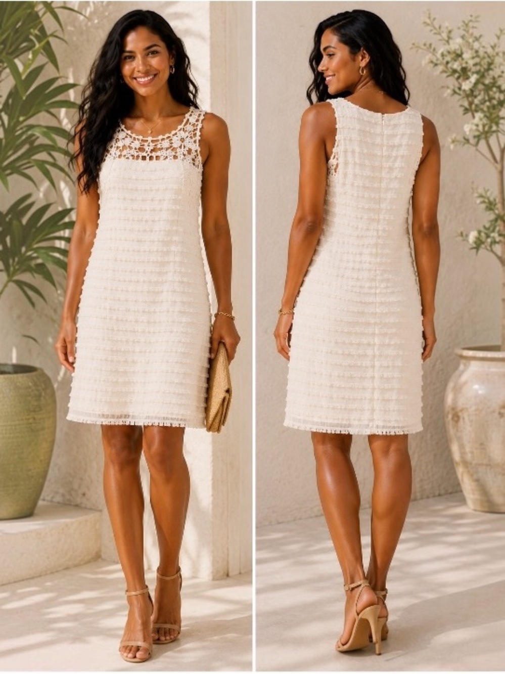 Robbie Bee Cream Crochet Lace Sleeveless Shift Dress Size 8 Romantic Cottagecore